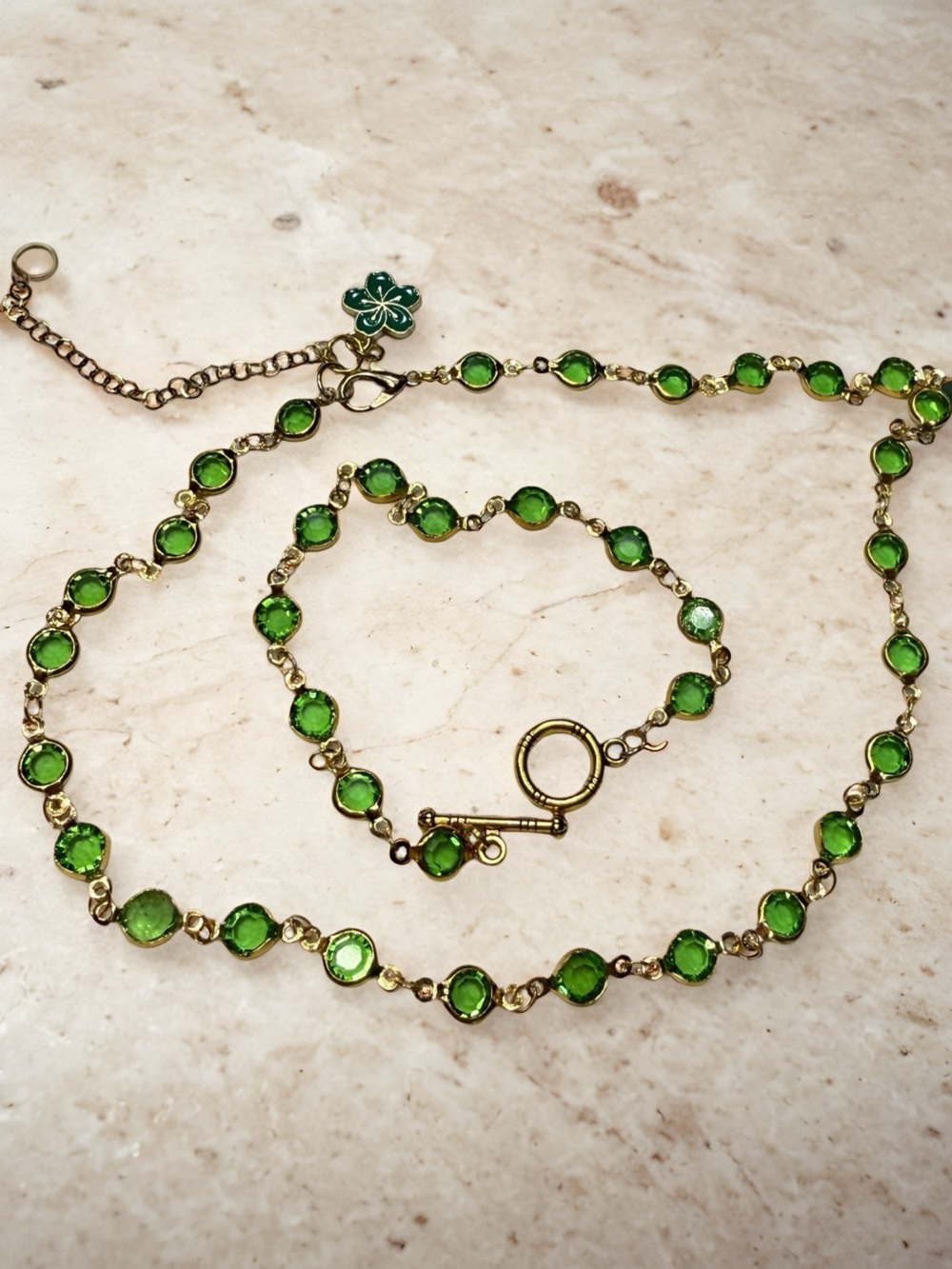 Gold-Tone Green Crystal Necklace and Bracelet Set